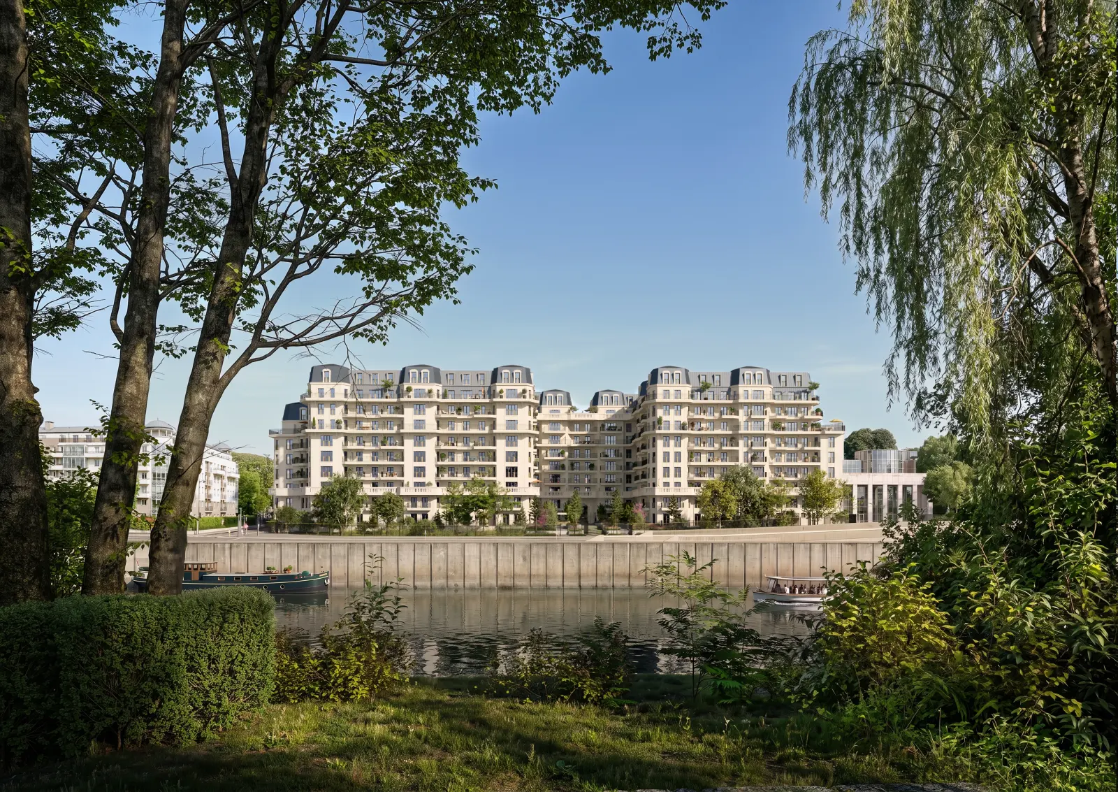 La résidence vue depuis l’île de Puteaux, en bord de Seine