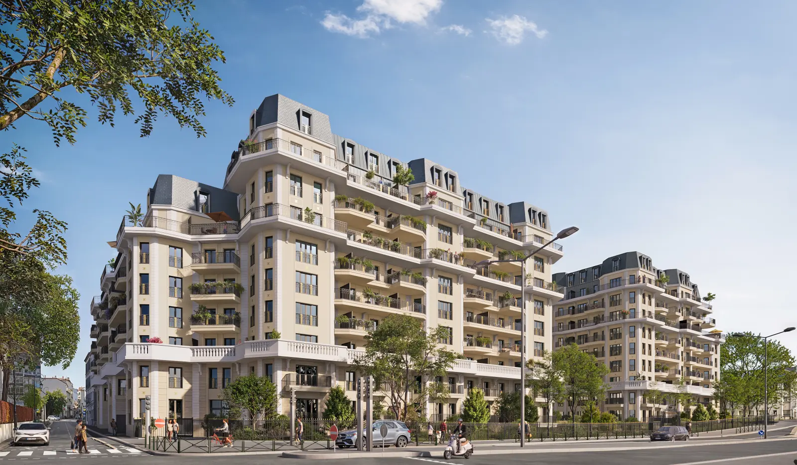 Façade de la résidence à l’angle de rue, toitures à la Mansart